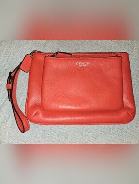 Coach Coral Red Leather Double Zip Wristlet